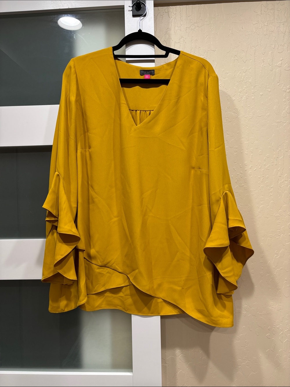 Vince Camuto Mustard Ruffle Sleeve V-Neck Blouse